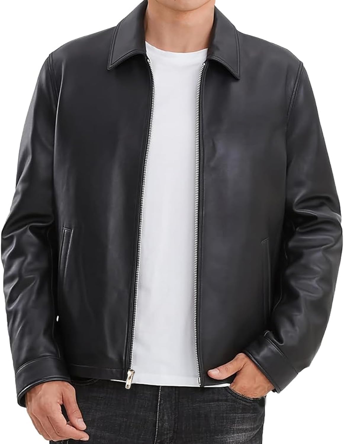 SLMN Genuine Lambskin Mens Leather Jacket - Soft and Lightweight Leather Classic Polo Collar Shirt Jacket for Men - Image 2