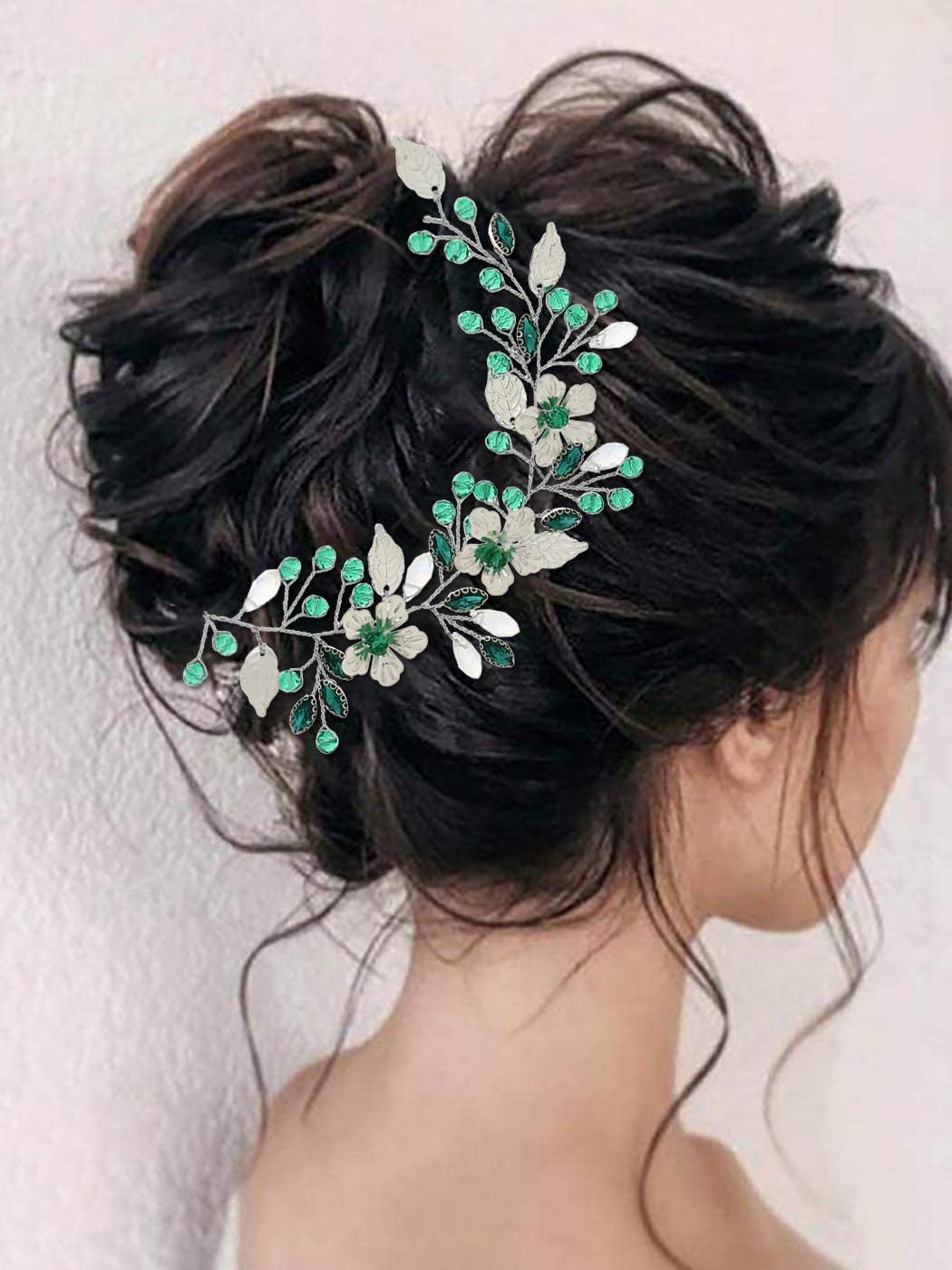 IYOU Rhinestone Bridal Hair Vine Green Flower Wedding Headband Party Bridesmaid Hair Accessories for Women - Image 4