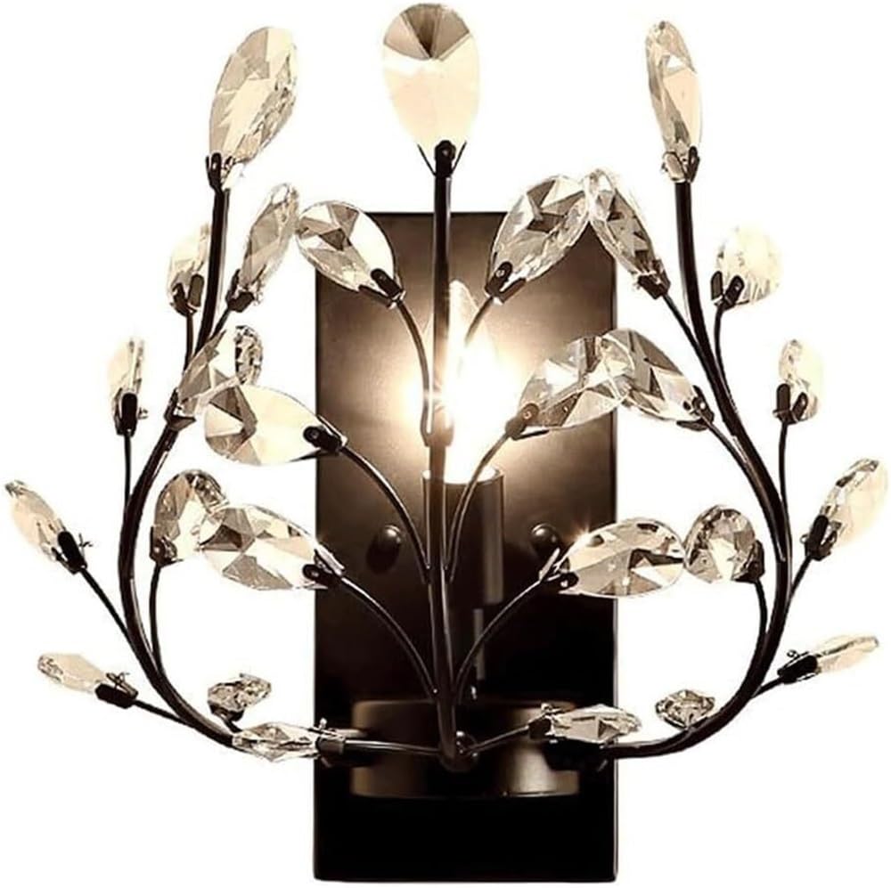 LYOUAE Modern Crystal Bedroom Wall Sconce Creative Flower Branch Shaped Wall Light E14 Indoor Hardwired Wall Lamp Fixture for Bedroom Living Room Hallway(Black)