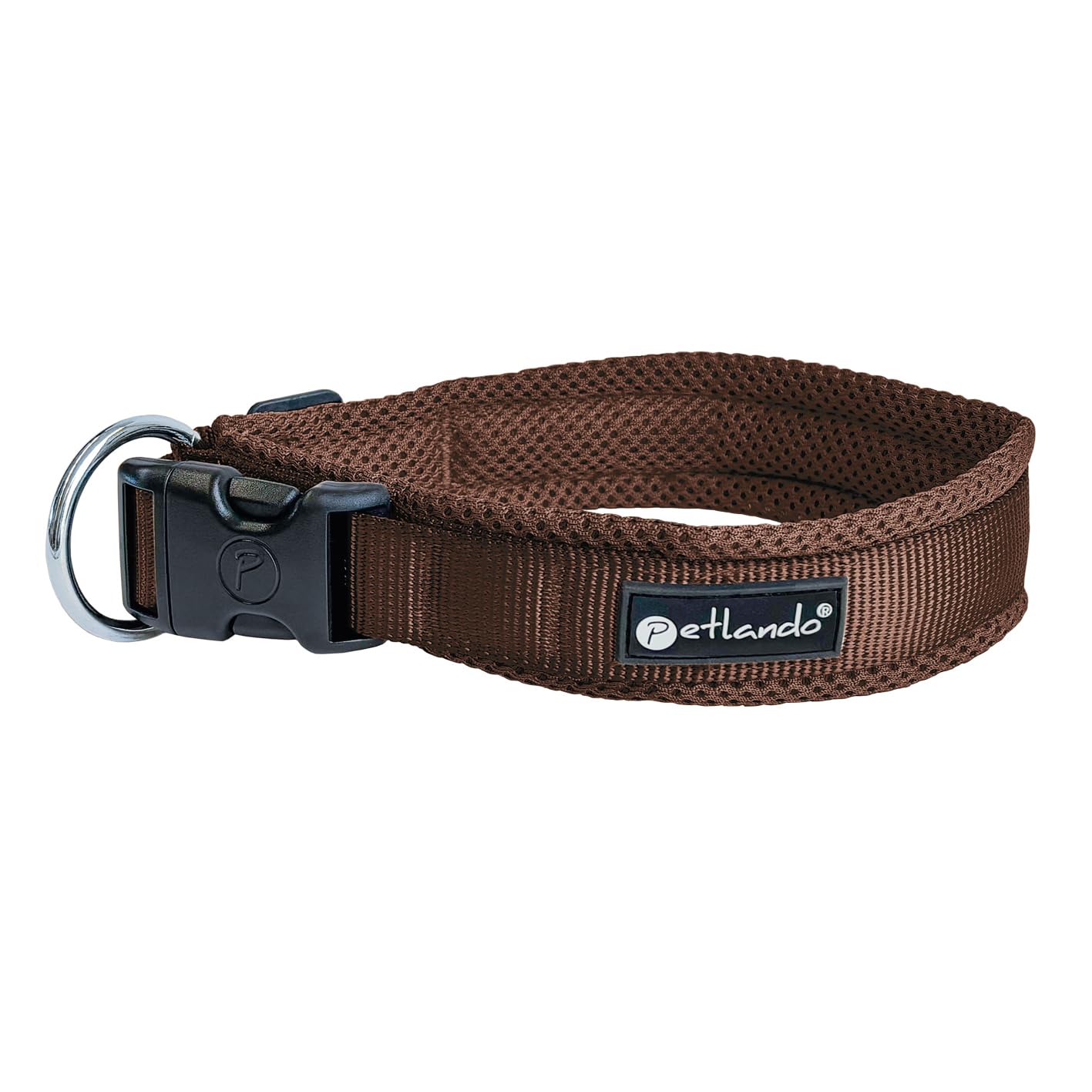 Petlando Mesh Hundehalsband – leicht, atmungsaktiv, weich mit Mesh gepolstert, stufenlos verstellbar, robust & strapazierfähig mit O-Ring – Halsband Hund M 45-50cm, Mokka