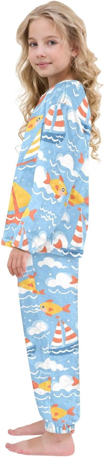 Kids Flannel Sets Boat Fish and Cloud Warm Plush Relaxed Clothing for Boys and Girls
