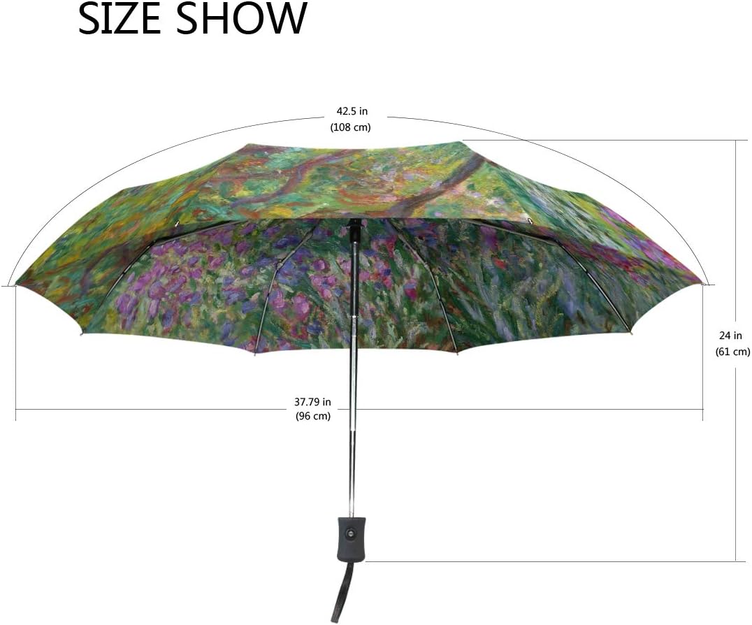Auto Open Close Umbrella, Iris Garden At Giverny Monet Folding Travel Umbrellas for Rain and Sun