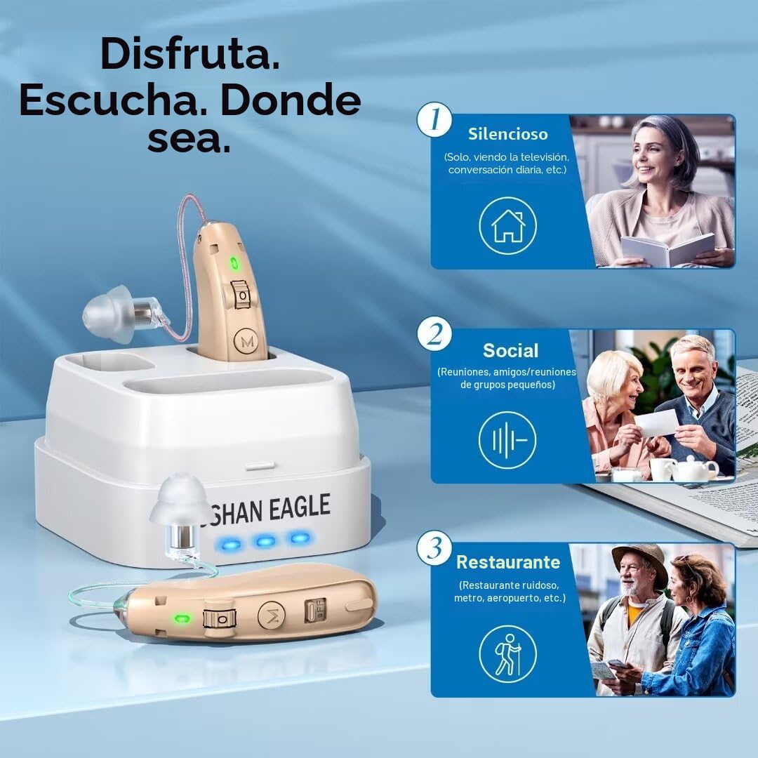 Auriculares amplificados Amplificador de sonido Recuperan un sonido claro Reducción de ruido inteligente con chip digital recargable