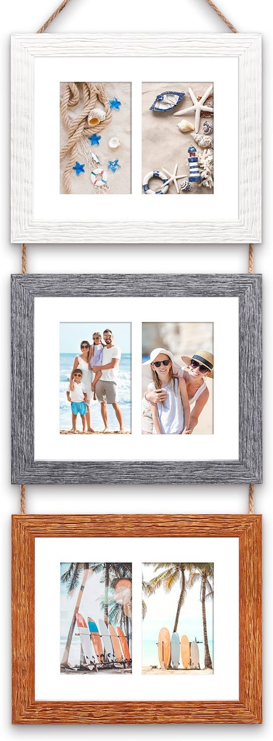 8x10 Hanging Picture Frames with 6 Openings 4x6 Pictures, HD Real Glass 8x10 Wall Hanging Collage frames with Mat, Hemp Rope Multiple Photo Frames for Wall Decor (White, 1 Pack)