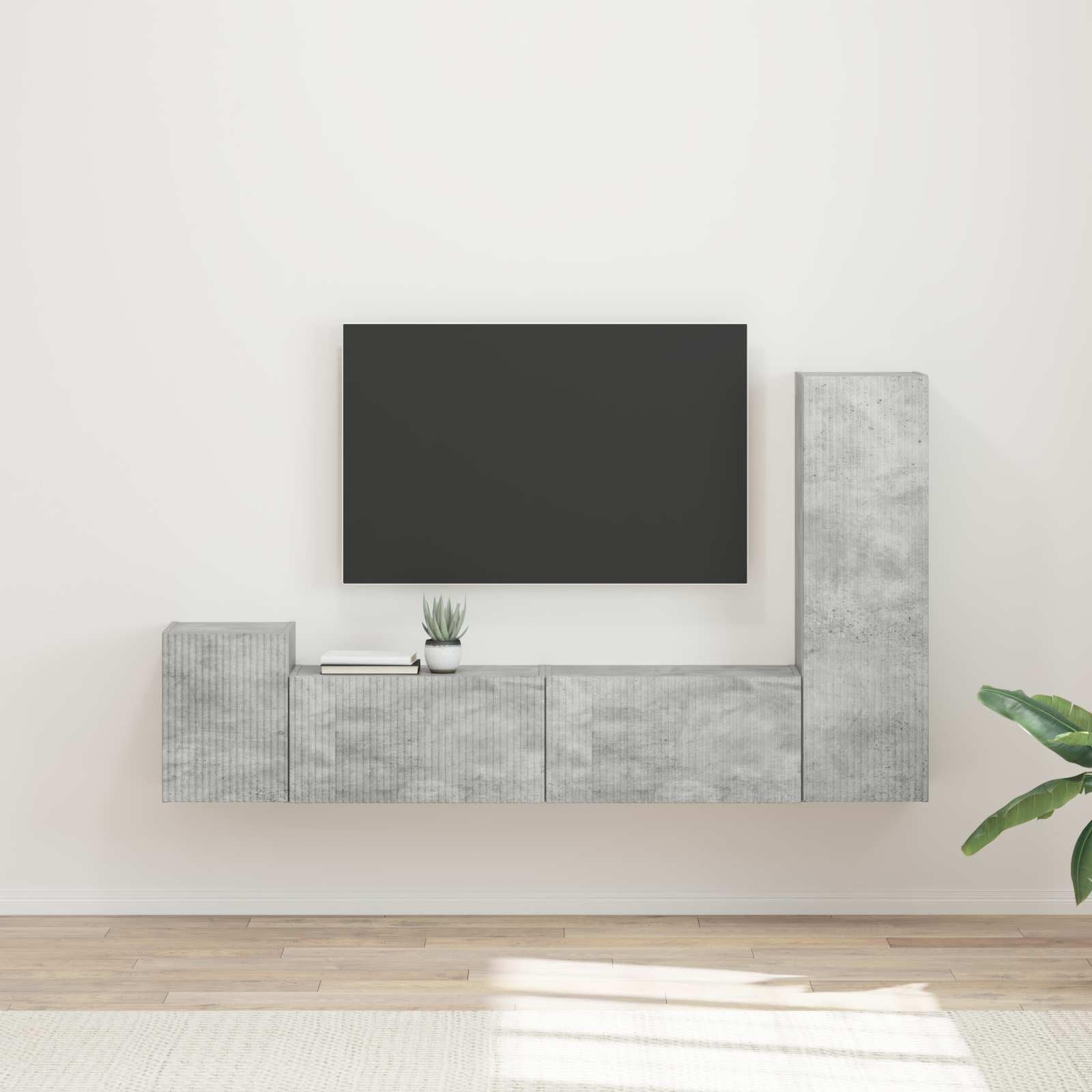 TV-Schrankset Wandmontiert, 4-teilig, Beton Grau Holzwerkstoff, Modernes Media Center für Wohnzimmer, Platzsparendes Design