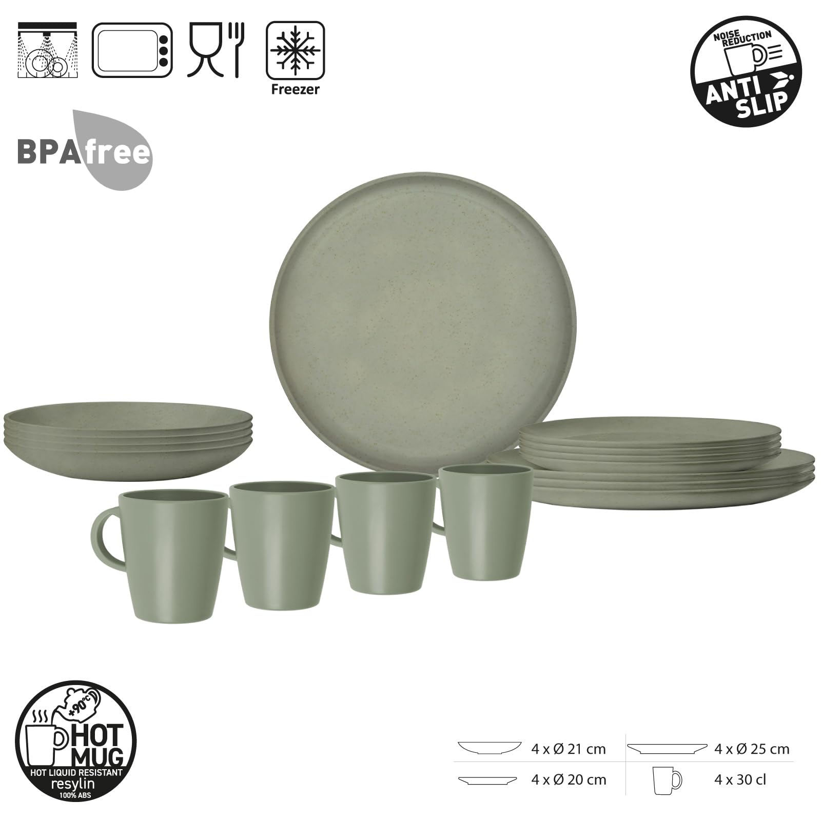 BRUNNER Set aus 16 Tellern und Tassen aus strapazierfähigem Melamin und rutschfester Unterseite, Lunchbox PLA Tierra Forest 16 Stück