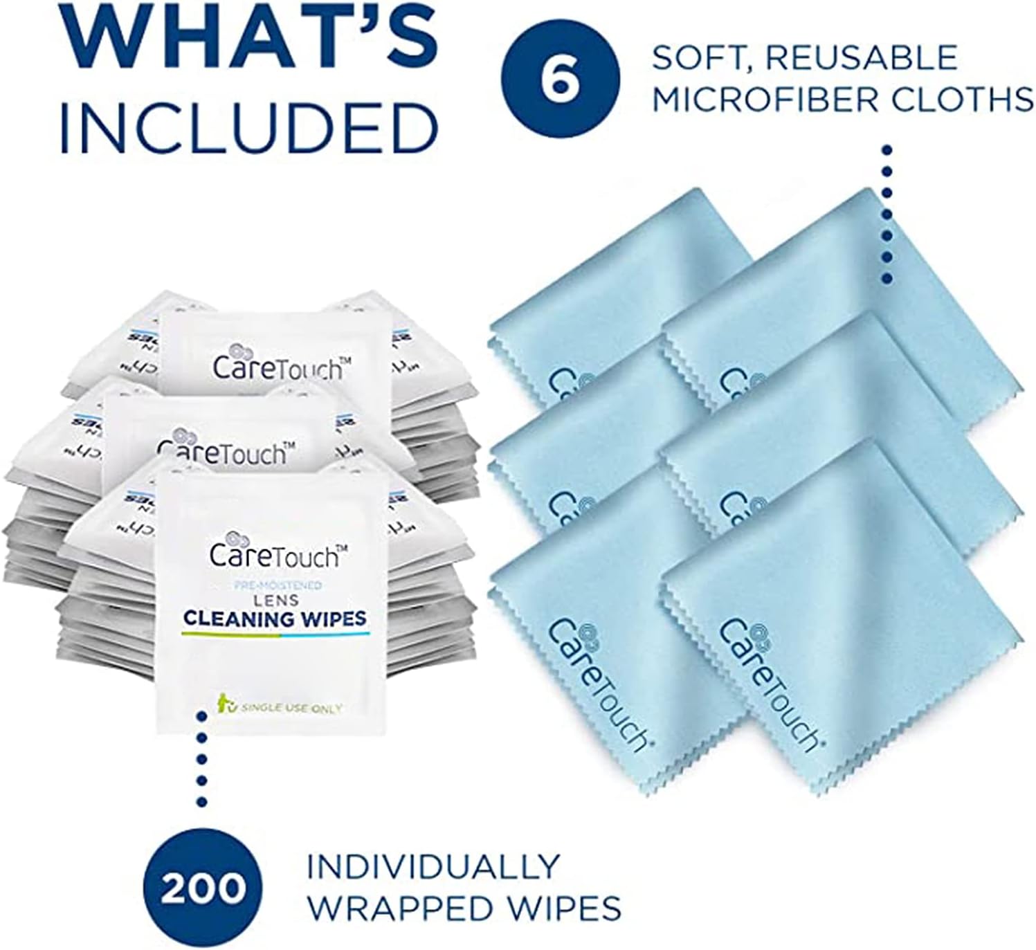 Care Touch Lens Cleaning Wipes with Microfiber Cloths - 200 Lens Wipes for Eyeglasses & 6 Microfiber Cloths - Glasses, Camera Lenses, Screens, Eye Glasses Lens Cleaner, Wipes for Cleaning Eyeglasses