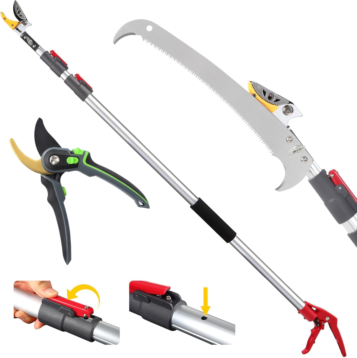 Lineslife Extendable Tree Pruner,Pole Pruner Pruning Shear, Telescopic Long Handle Tree Trimmer with Cut & Hold Bypass Clippers, Lightweight Adjustable Fruit Picker for Tree Branch Cutter