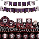 Wonlonda Halloween Tableware 66pcs Halloween Table Decorations Dead Skull Table Cloth Paper Plates Cups Napkins for Halloween and Day of the Dead Party Decoration