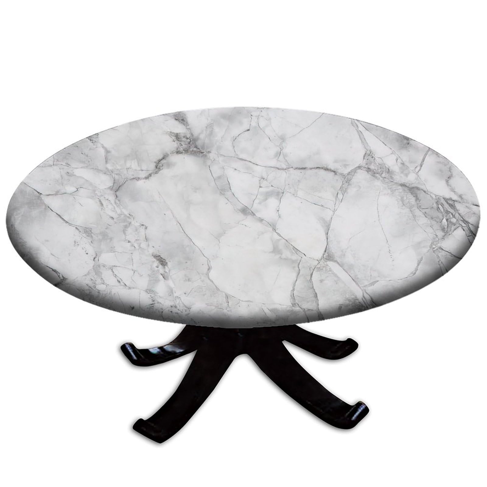 Marble Round Fitted Polyester Tablecloth, White Grey Marble Elastic Edge Home Decorative Table Clothes, Stain & Wrinkle Resistant Tablecloths for