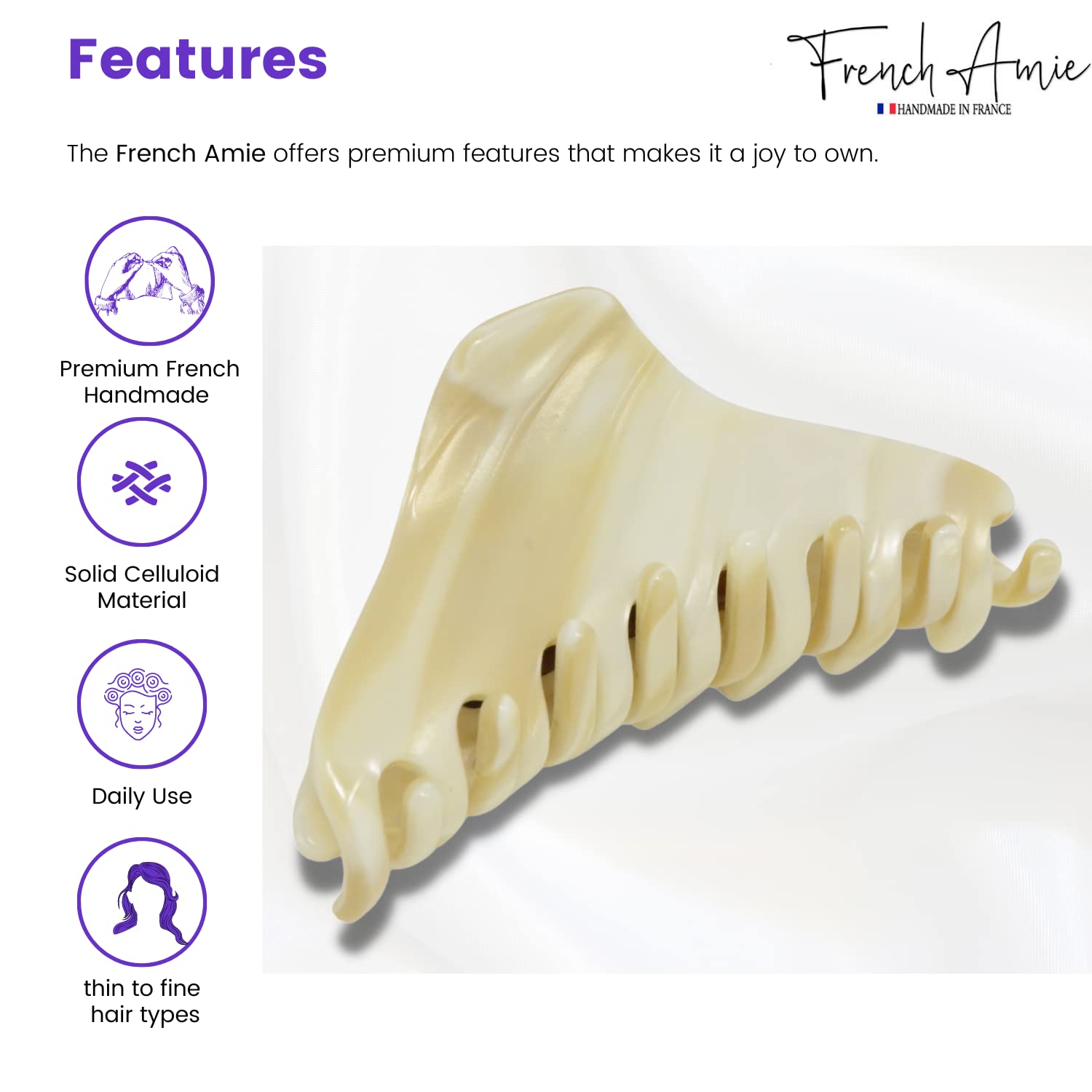 French Amie Director Thin and Narrow Ivory Handmade Celluloid Covered Spring with Inner Teeth Small Jaw Hair Claw Clip Clamp Clutcher