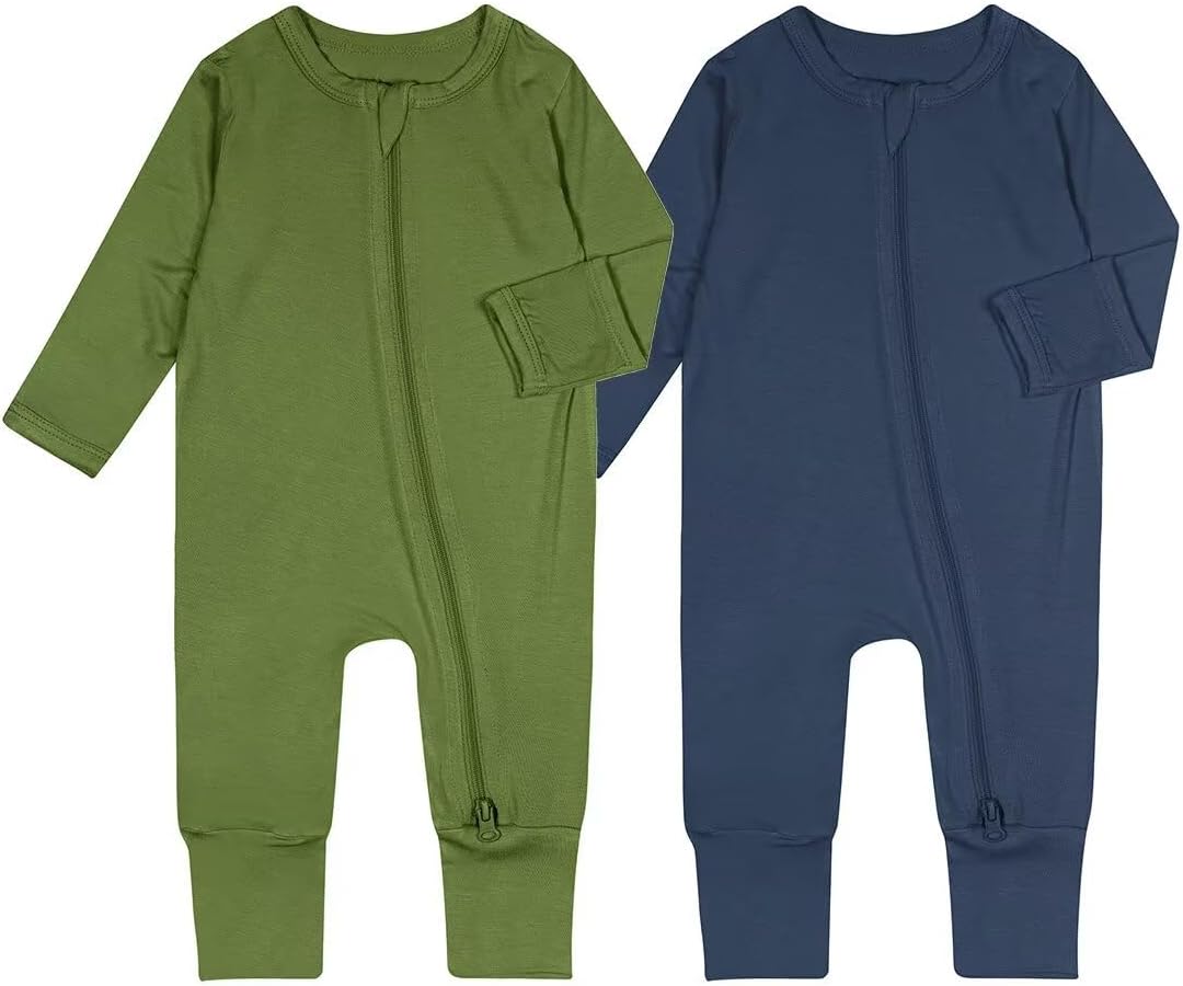 Teach Leanbh Baby Boys Girls 2 Pack Bamboo Viscose Pajamas with Mitten Cuffs 2 Way Zipper Long Sleeve Romper Sleep and Play