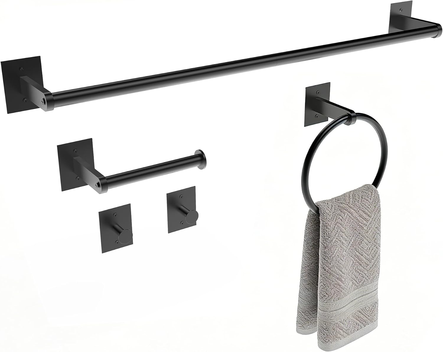 Matte Black Bathroom Accessories Set, 5 Pieces Bathroom Hardware Set, 24 inch Towel Bar, Towel Racks for Bathroom, Robe Towel Hooks, Toilet Paper Holder Wall Mounted