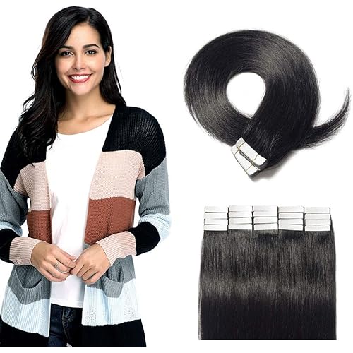 40 PCS Tape In Hair Extensions Real Human Hair Invisible Seamless Skin Weft Double Side Tape Remy Human Hair Hightlight Balayage Natural Long Straight For Women (20'',100g/40pcs,#1 Jet Black)