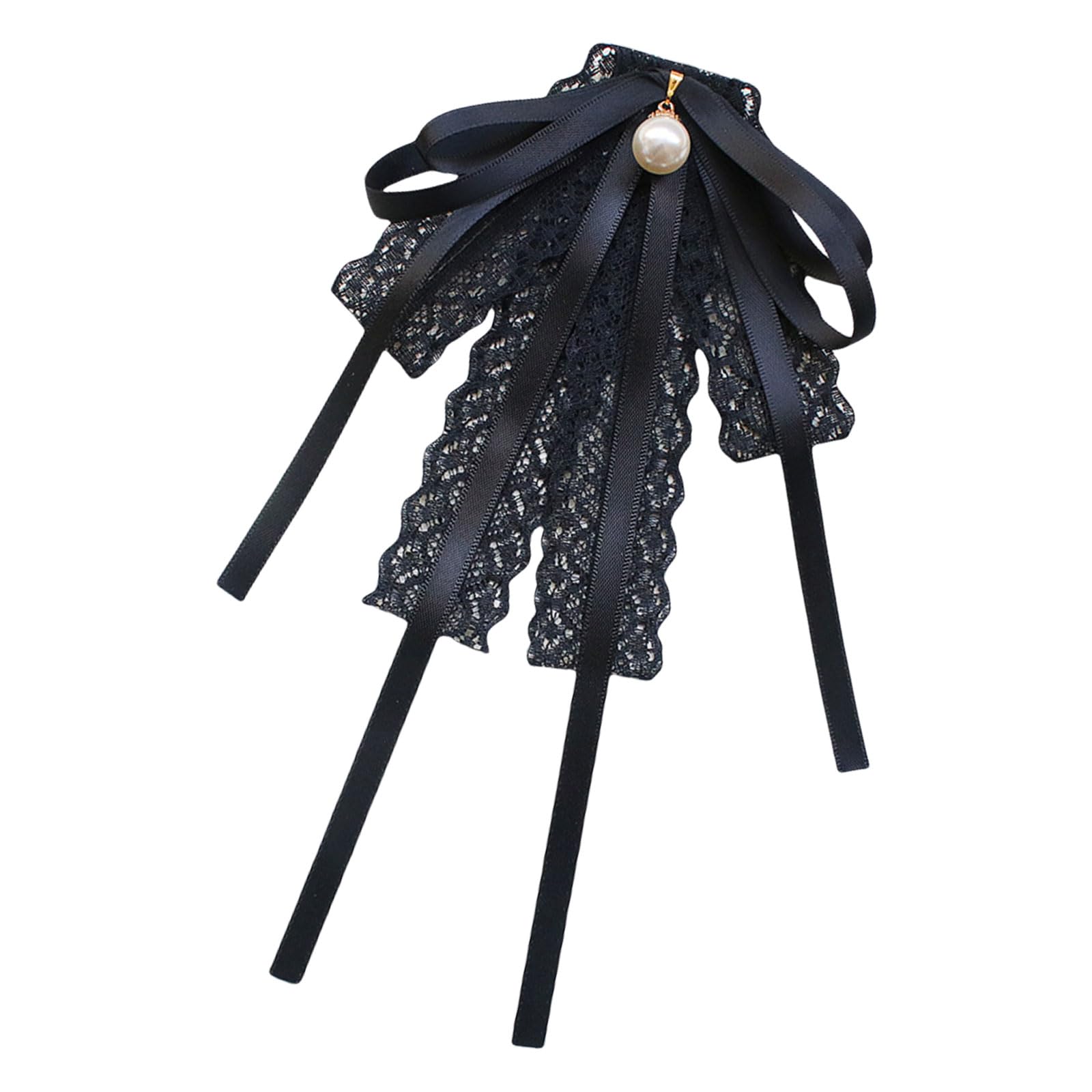 Yuxita Women's Black Lace Ribbon Bowtie Brooch Pin Student Uniform Shirt Jabot Collar Pearls Pre Tied Bowknot Necktie Clip Lapel Pin