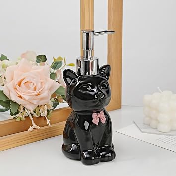 Cute Cat Ceramic Soap Dispenser Designed with Pink Bowa(Black)