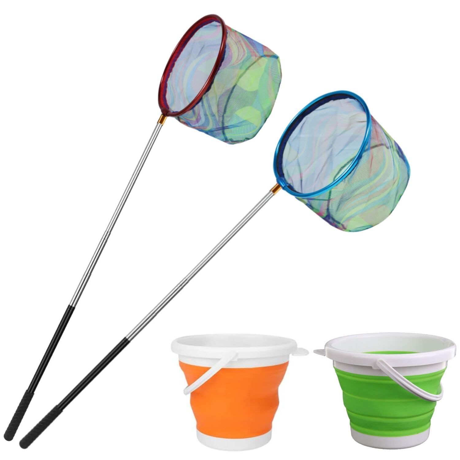 Redes de pesca con cubo, red de aterrizaje retráctil, poste de aluminio ligero con mango antideslizante para atrapar y liberar ranas, mariposas, jóvenes, al aire libre