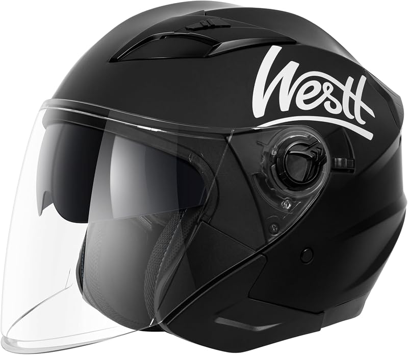 Westt Jet Matt Fekete Motoros Bukósisak Dupla Napellenzővel - ECE Tanúsított - S Méret (55-56 cm) Motorkerékpárhoz és Robogóhoz -