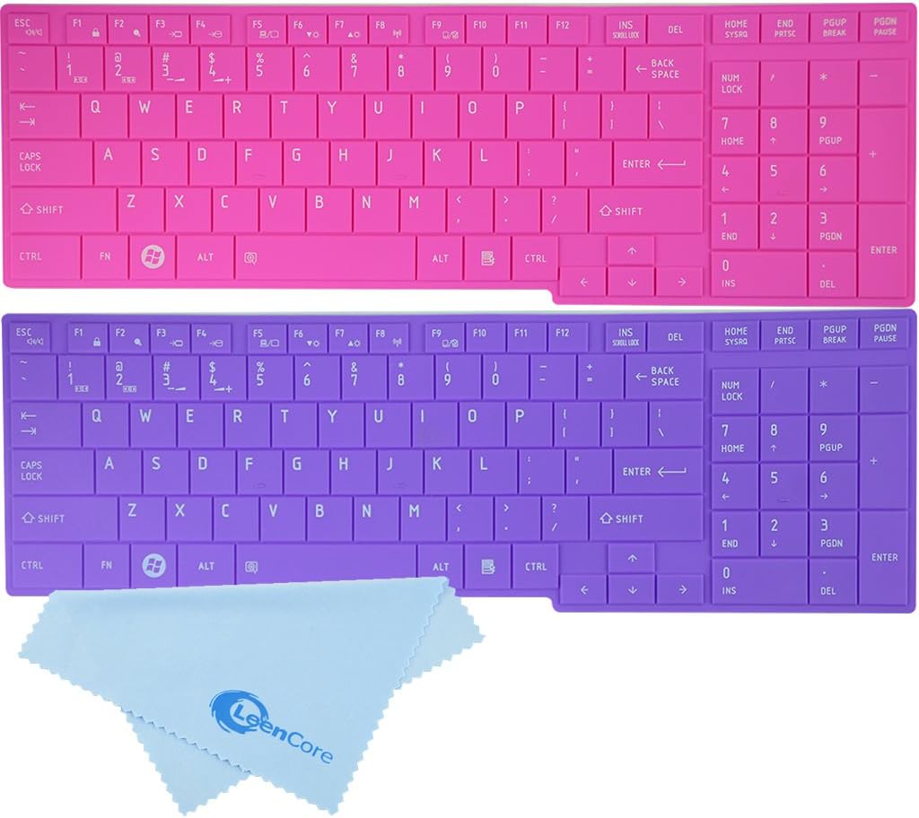 LeenCore 2-Pack Cute Sweet Cool Ultra thin Colorful Series Silicone Laptop Keyboard Skin Cover Protector for Toshiba Satellite C655 C655D C675 L655 L655D L650 L650D L670 L670D L750 L750D L755 L755D A660 A660D A665 A665D P750 P750D P755D P755 P770 P775 US Layout + 1x Microfiber Cleaning Cloth from LeenCore (Hot Pink+Purple)
