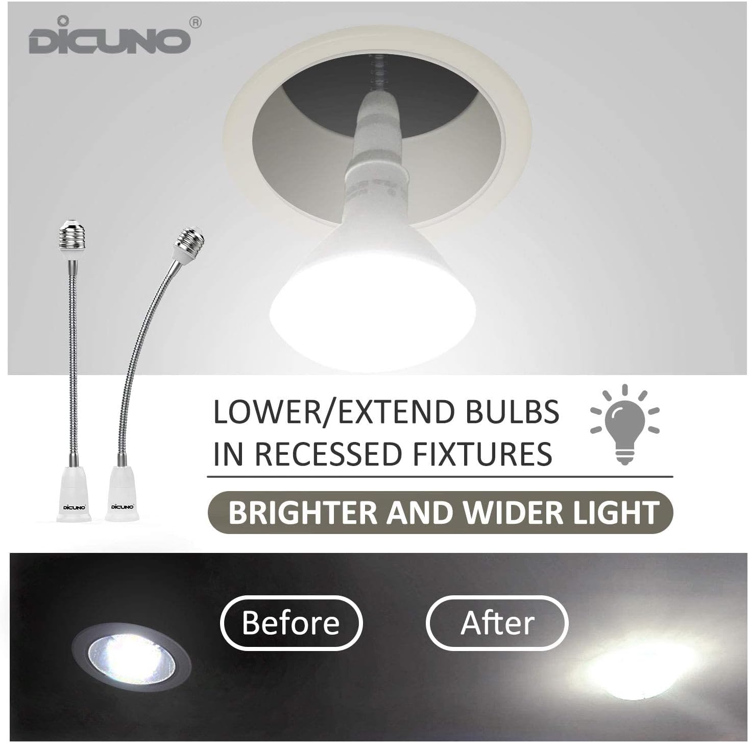 Suреr Bіg Clеаrаnсе! DiCUNO E26 to E26 Socket Extender (27.5CM/10.82 Inch Extension), Standard Medium E26 Base, 165℃ Heat-resistant No Fire Hazard, Maximum Wattage 200W Bendable Light Bulb Extender Adapter of 2-Pack