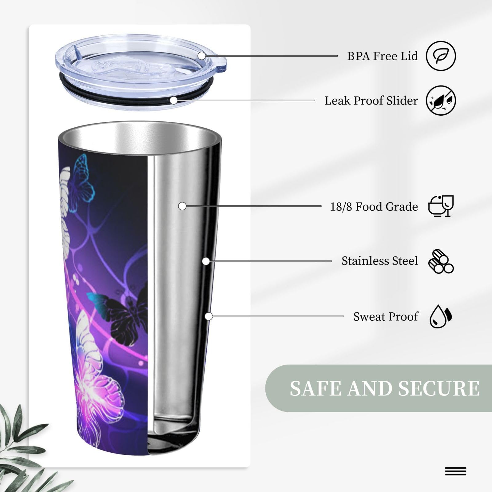 Tazza termica portatile con farfalle bianche e viola stampate in acciaio inossidabile