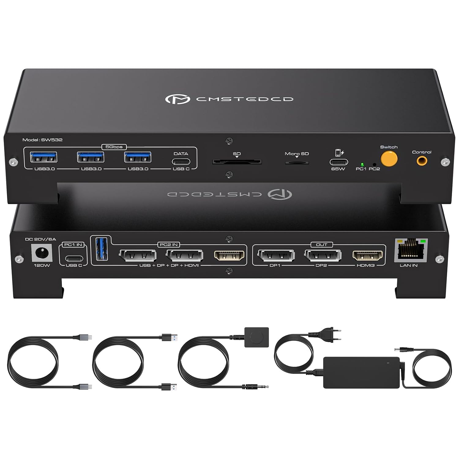 Stacja dokująca USB-C KVM do laptopów i komputerów stacjonarnych, 100 W PD, 4K/60 Hz, HDMI, DisplayPort, przełącznik KVM dla 2 komputerów i 3 monitorów, 16 w 1, Ethernet 1000 Mb/s