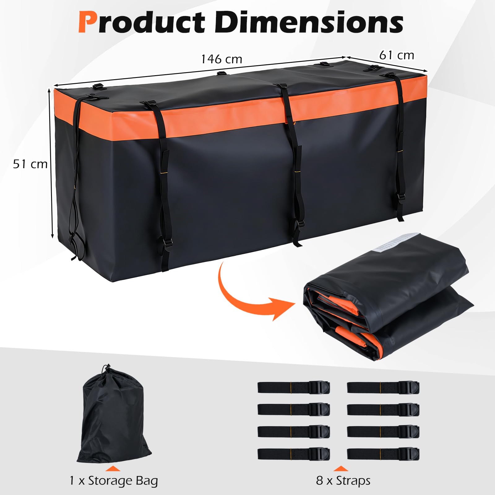 FANTASK 455 L Heckbox für Anhängerkupplung, 146 x 61 x 51 cm, Softshell-Heckträger wasserdicht & faltbar, Auto Hintere Gepäcktasche mit Riemen & Aufbewahrungstasche
