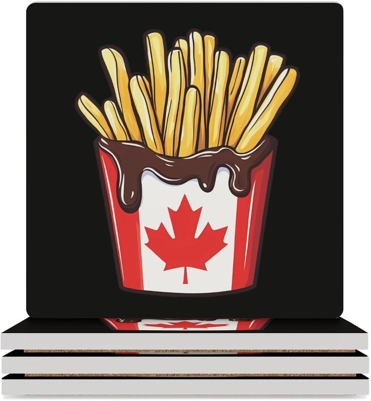 French Fries Canadian Flag Funny Ceramic Coasters for Drinks Absorbent Cup Holder Tabletop Protector with Cork Base