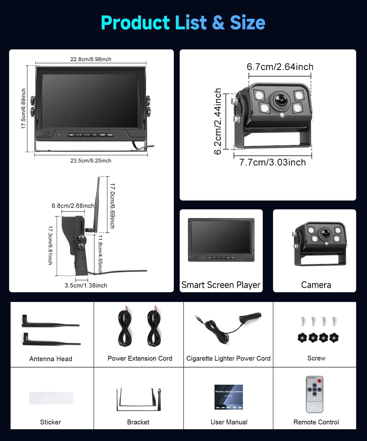 VECHTEL Kit Telecamera Posteriore IPS HD 9 Pollici senza Fili con 4 Schermi, BSD/DVR, Telecamera Retromarcia Auto Wireless Impermeabile IP68 con Visione Notturna per Camion, Camper, Furgoni