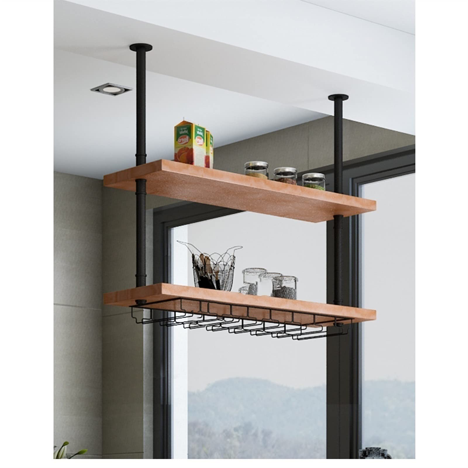 Casier à vin suspendu en bois massif et métal au style industriel chic