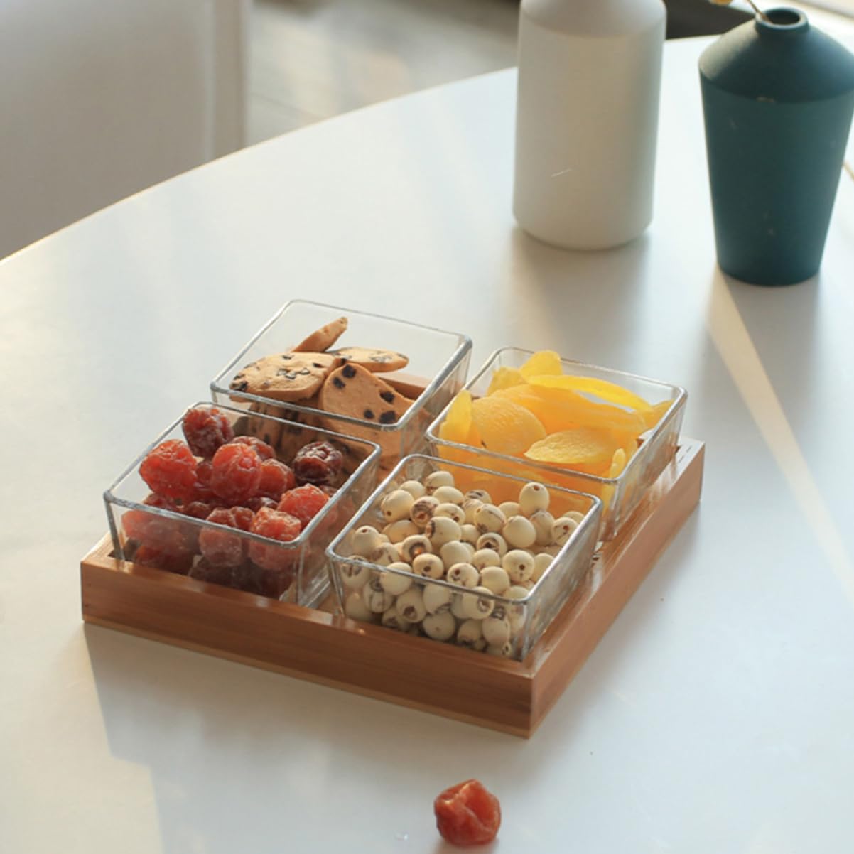 Hemobllo Plateaux En Verre Divisés 4 Compartiments 28 Cm Support Bois Naturel Service Fruits Secs Noix Apéritif Maison Restaurant Fête
