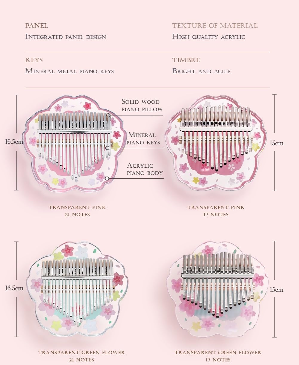 Kalimba Daumenklavier 21 Töne mit Schutzcase Komplett-Set, Sakura-Form Transparentes Kristall-Kalimba 17 Töne, Professionelles Musikinstrument für Anfänger (Rosa, L)