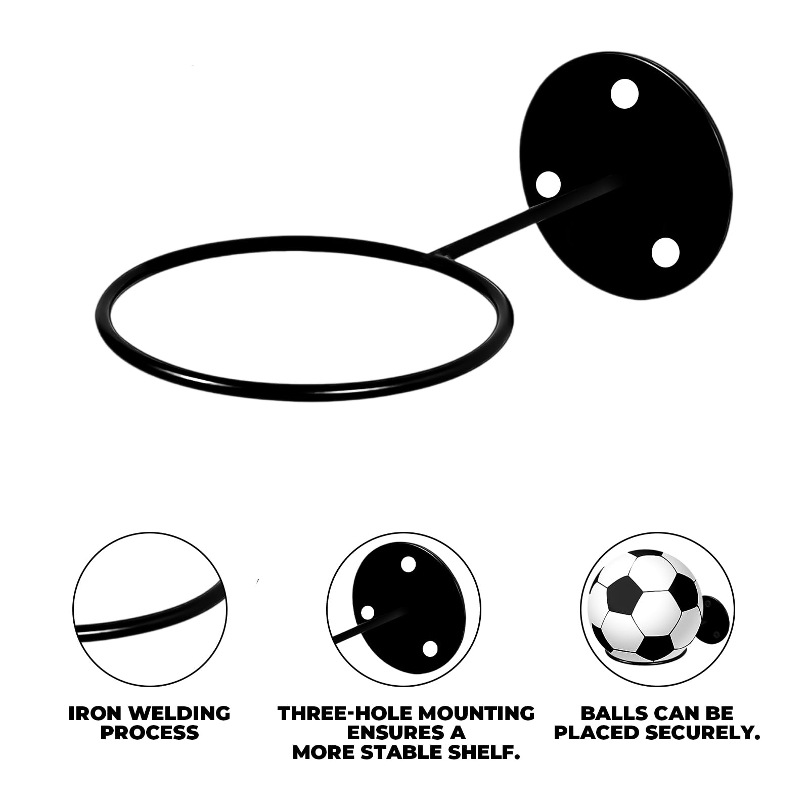 4 Pièces Supports Mural pour Ballons, Porte Ballon Basket, Trois Vis pour Renforcerpour, Rangement pour Basket Ball, Football, Volley Ball, Noir
