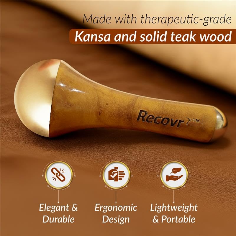 Image of Recovr 2 in 1 Certified Kansa Foot Massage Wand | Traditional Bronze & Wooden Foot Massager | Deep Relaxation,Blood Circulation Support & Stress Relief for Tired,Aching Feet | Daily Detox Massage Tool