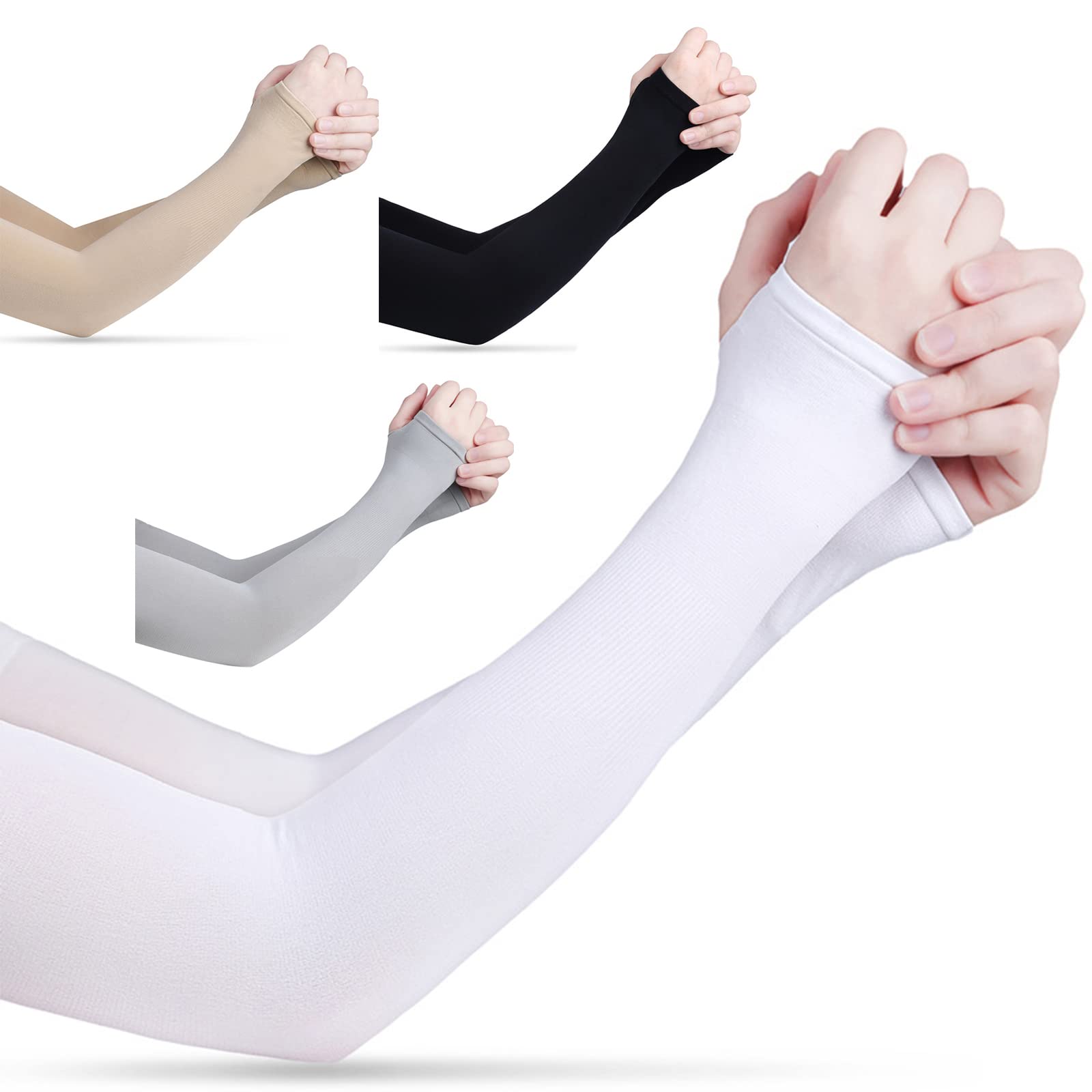 4 Pairs UV Sun Protection Arm Sleeves for Men Women Youth, Compression Cooling Sleeve Cover with Thumb Hole for Cycling, Driving, Running, Riding, Fishing, 4 Color, One Size Fit Most