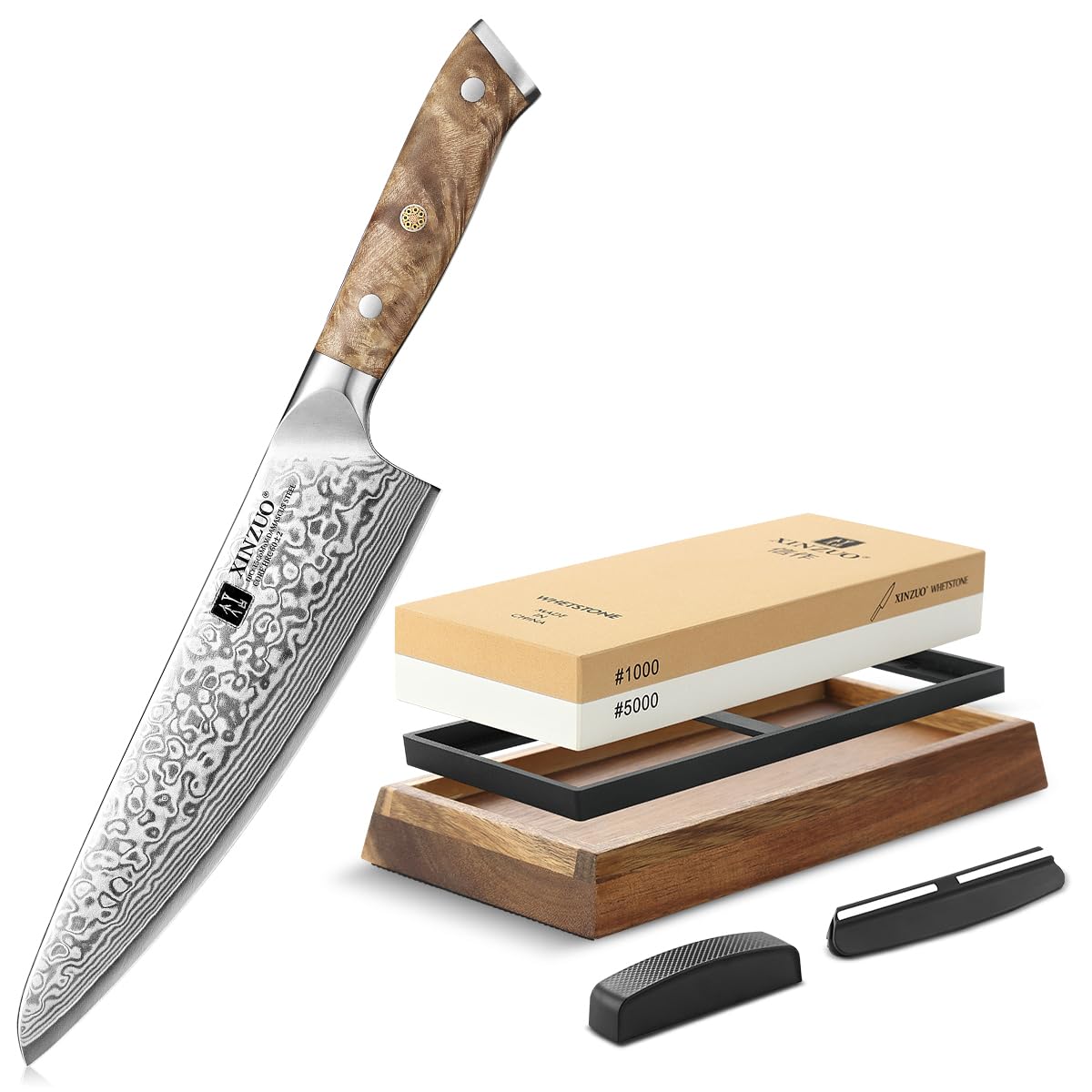 Couteau de chef XINZUO Damas 67 couches avec pierre à aiguiser en coffret