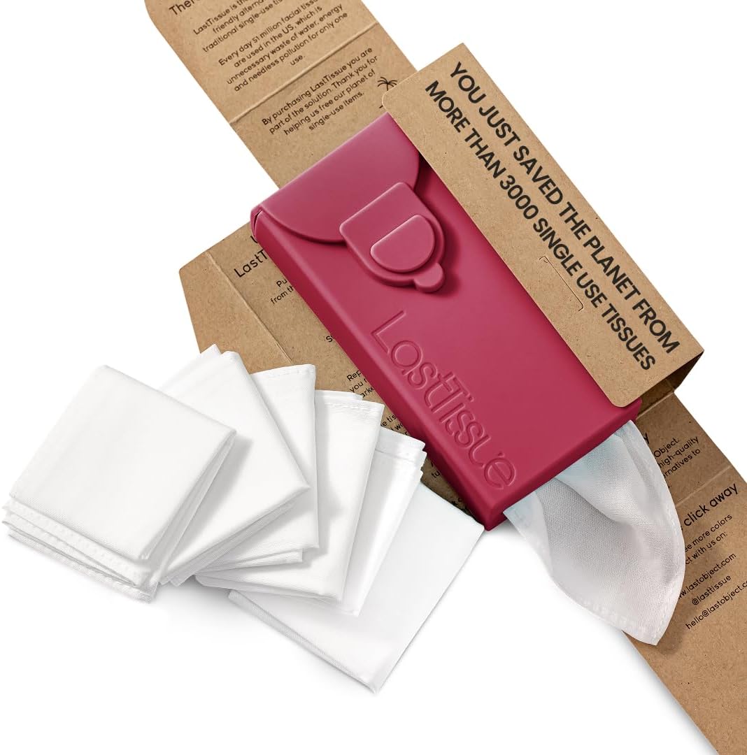 LastTissue® Reusable Cotton Tissue Pack | Face Towels & Handkerchiefs for Men & Women – Washable, Sustainable Facial Tissue with Storage Case - Red