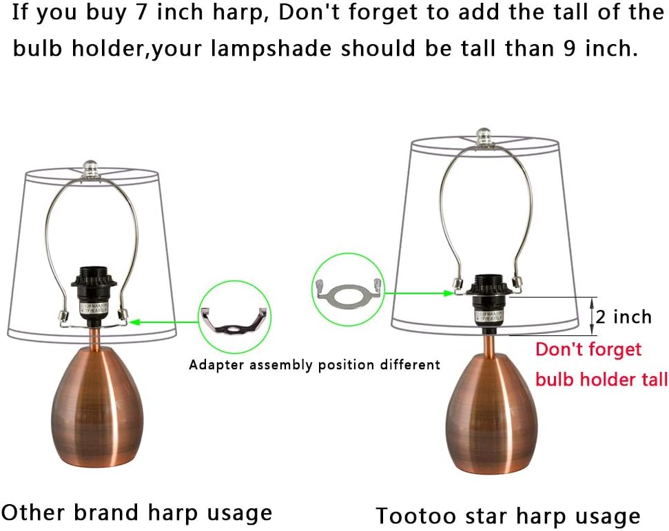 TOOTOO STAR 7" Lamp Shade Harp Holder and Light Base UNO Fitter Adapter Converter Finial Set,I.D. 1-7/16"(36MM),Detachable Parts (Silver, E26 Adapter,Tall 7 inch)