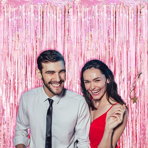 Image of Voircoloria 2 Pack 3.3x8.2 Feet Laser Pink Foil Fringe Backdrop Curtains, Tinsel Streamers Birthday Party Decorations, Fringe Backdrop for Graduation, Baby Shower, Gender Reveal, Disco Party