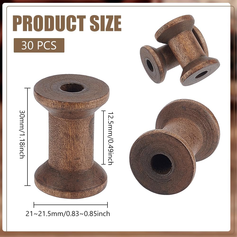 BENECREAT 30Pcs Antique Wooden Empty Spools, 1.18" Empty Thread Spools Wooden Ribbon Spools Bobbins for Wire Weaving Arts DIY Wood Projects, Coconut Brown
