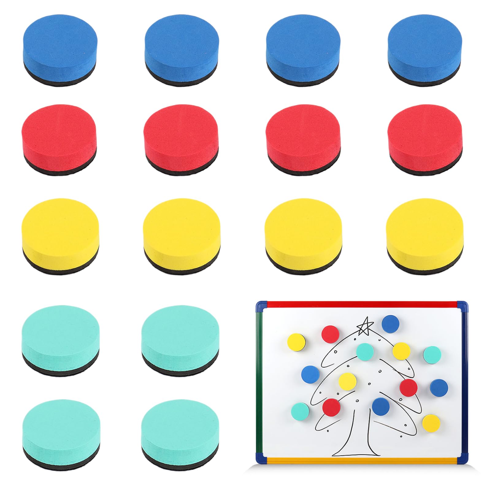 Whiteboard Eraser 16 Pack Mini Dry Erase Erasers White Board Eraser Whiteboard Cleaners Magnetic Wiper Sponge Cleaner for Dry Erase Pens and Markers 4 Colors for Classroom, Office and Home Use, Round