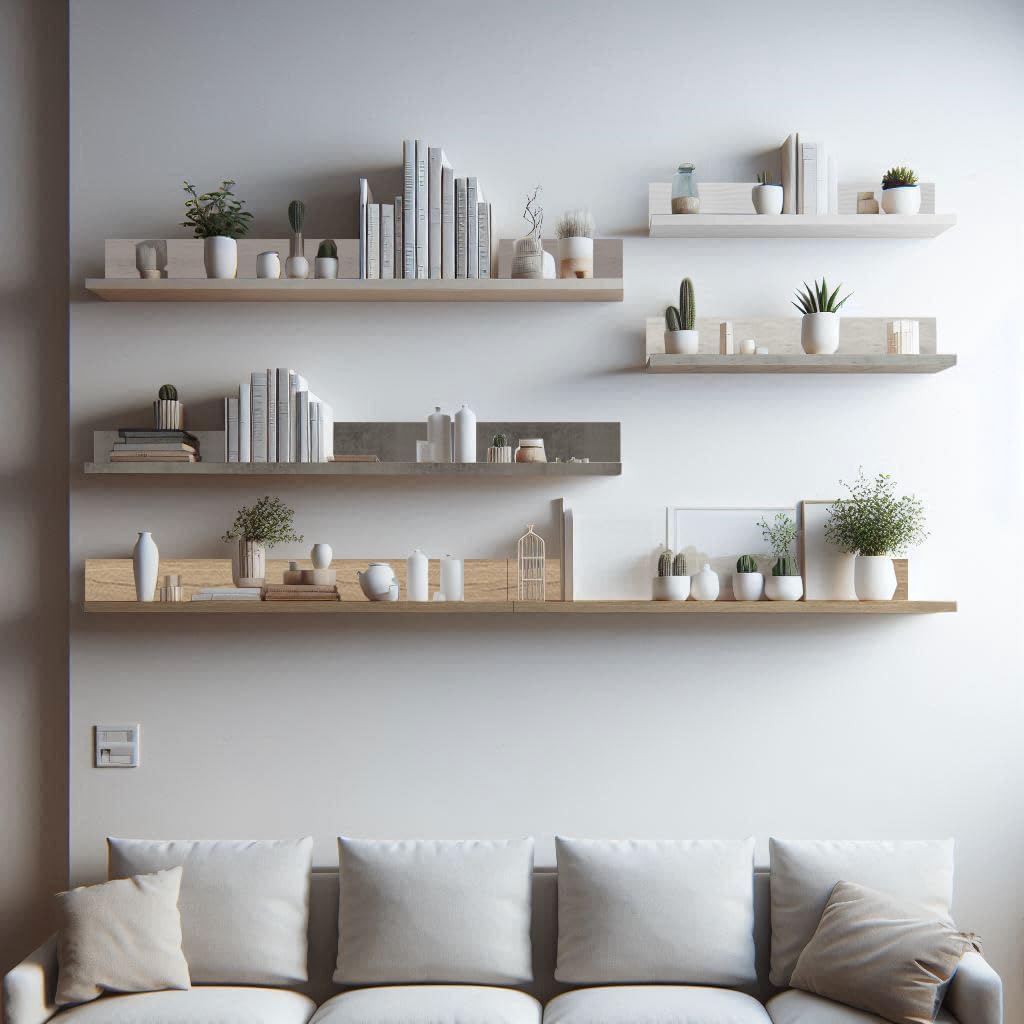 Three white L-shaped wall shelves mounted on a light-colored wall, decorated with books, vases, and small plants.