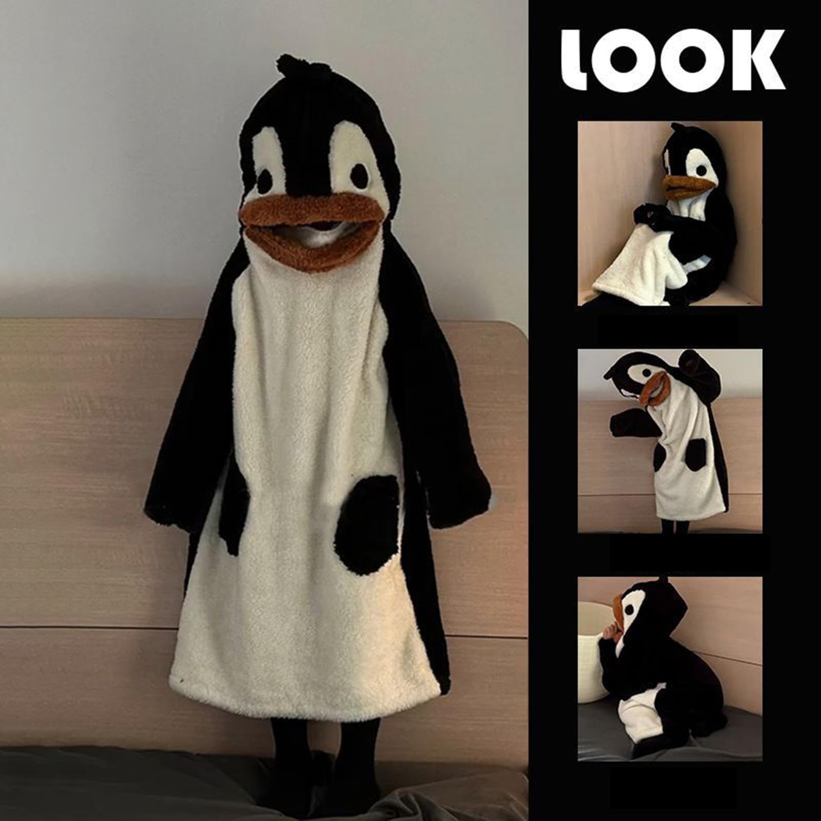 Pinguino - Coperta indossabile con cappuccio, pigiama intero in peluche, biancheria da notte con maniche, calda tuta con cappuccio, per adulti, bambini, casa, soggiorno, dormitorio, feste