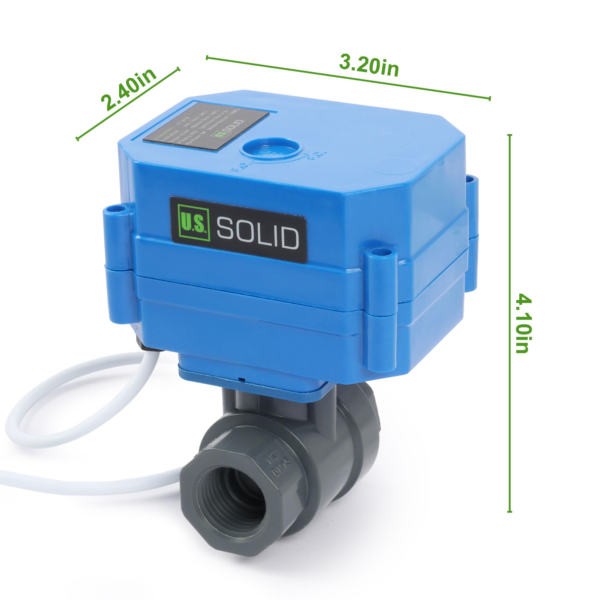 U.S. Solid Valvola a sfera motorizzata in UPVC 1/2" – Plastica, porta standard, ritorno automatico 2 fili, 9–24 V AC/DC, normalmente chiusa