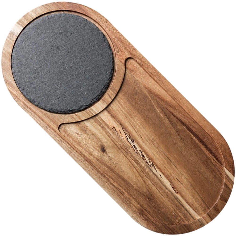 Sanfly Tabla De Servir De Madera con Pizarra, Plato De Pizza De Madera De Pino, Bandeja De Madera Multiusos para Servir Queso, Plato De Pizarra para Carne Y Pan.