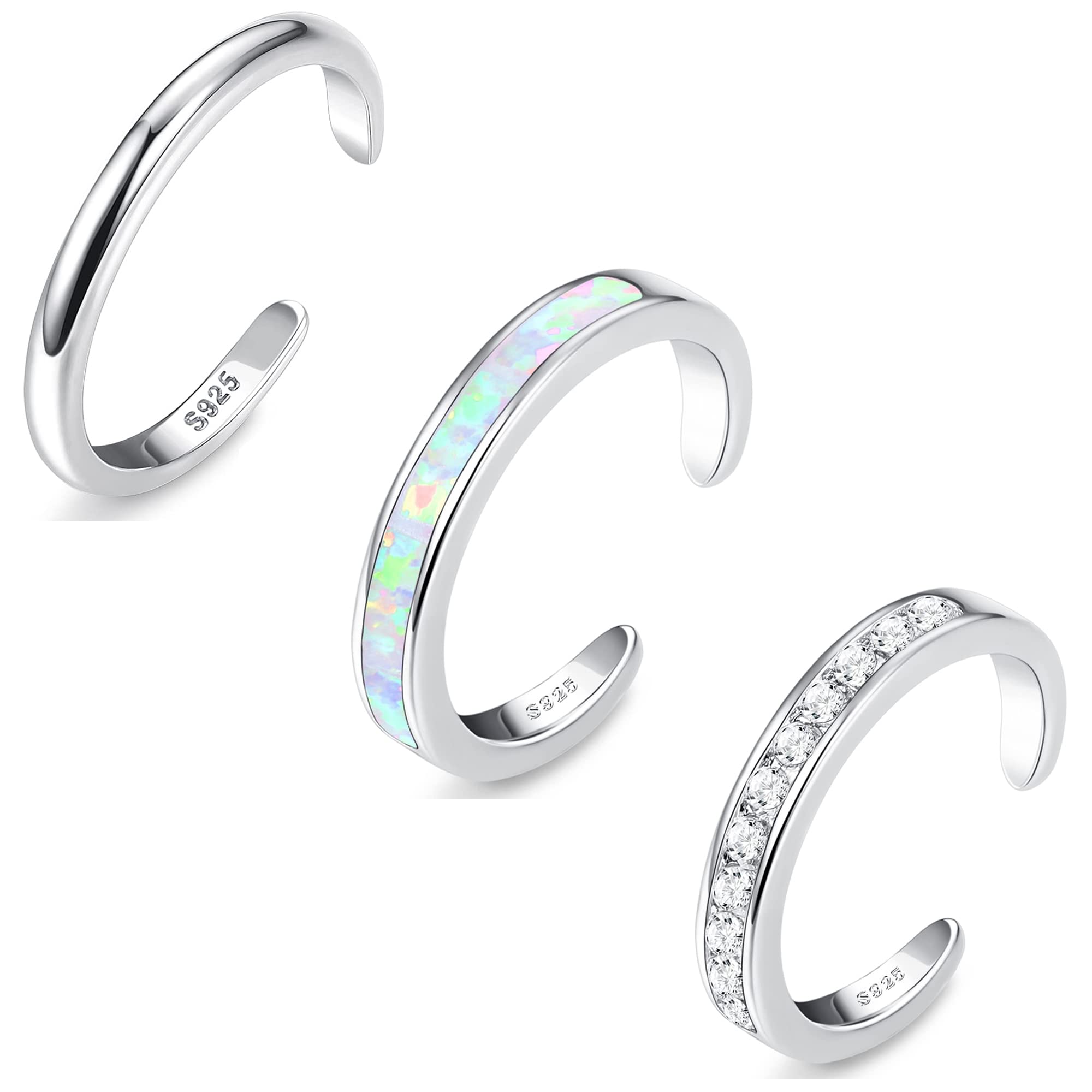 Sterling Silver Toe Rings for Women - CZ Band Opal Rings, Adjustable, Summer Beach Open Toe Foot Jewelry