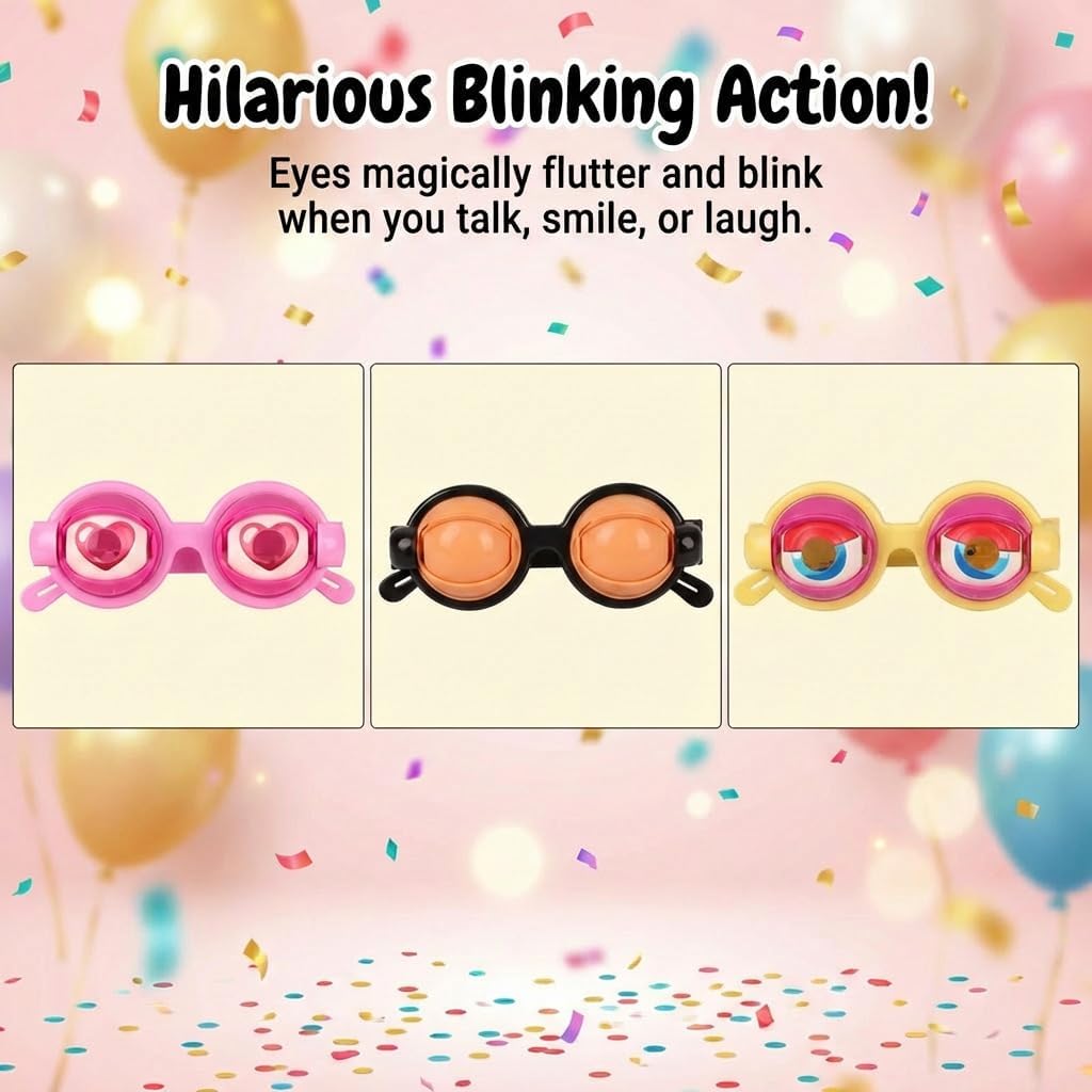 3Pcs Funny Glasses for Adults Crazy Eye Glasses(with 3 Glasses Cords), Eyes Glasses Adult Size Silly Sunglass With Blinking Eyeball for Party and Performances(Pink,Black,Yellow)