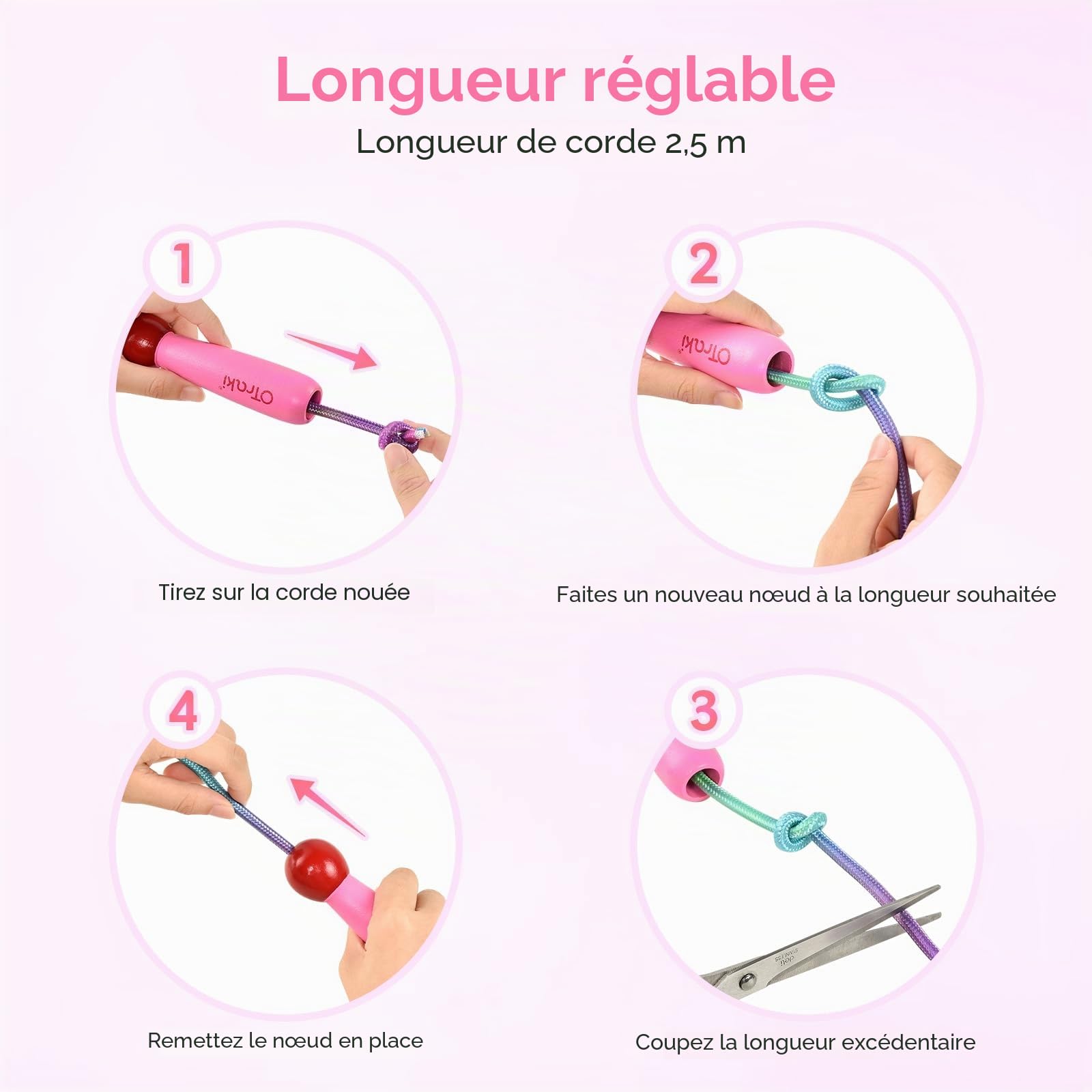 OTraki Corde à sauter arc-en-ciel pour enfants, cordes à sauter réglables pour enfants, corde à sauter avec poignée en bois pour filles/garçons, corde à sauter d'exercice pour enfants