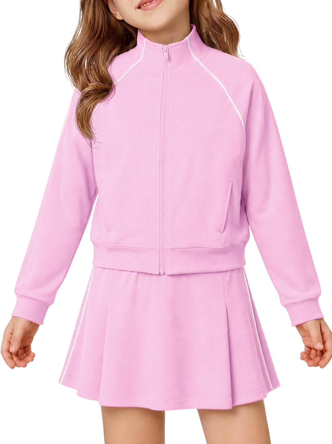 Haloumoning Girls 2 Piece Skirt Set Zip Up Jacket and Skorts Fall Outfits