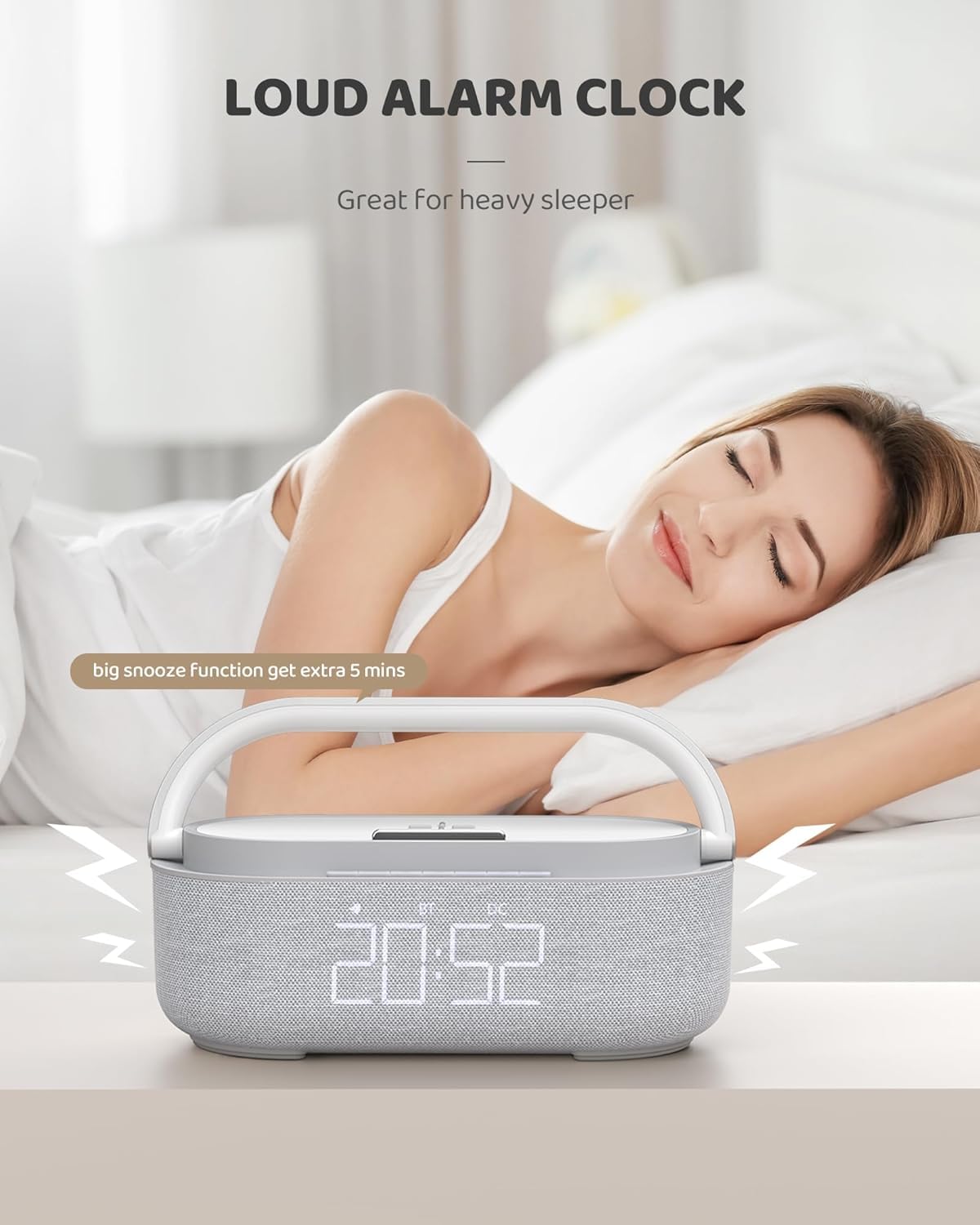 Reloj despertador de radio digital, altavoz Bluetooth, reloj despertador al lado de la cama, carga inalámbrica de 15 W, reloj despertador para dormir pesado, luz nocturna, radio FM, altavoces duales,